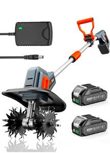 lot 19634 image: Cordless Tiller Cultivator for Gardening, 360 RPM Electric Garden Rototiller with 48 Steel Tines, 9 Inch Tilling Width & 7 Inch Depth, 21V Battery Powered Small Tiller for SoilCultivatingLawnGarden - Retail $129