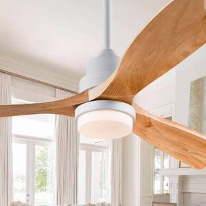 lot 19638 image: 52 Inch Outdoor Ceiling Fans with Lights and Remote Control, Dimmable Outdoor Ceiling Fans for Patios 3 Blade Wood White Natural Wood Bedroom Ceiling Fan with Light, Wall Switch - Retail $126