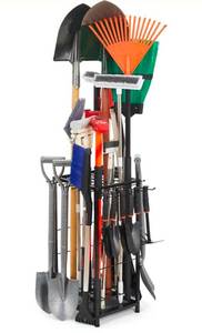 lot 19639 image: Garden Tool Organizer Holds 50 Long-Handled ToolsRakesBroomsShovles for Garage Organization and Storage, Shed, Outdoor, Lawn, Heavy-Duty Steel, Black, Easy Assembly (Corner Tool Organizer) - Retail $42