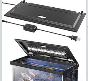 lot 19640 image: LED Aquarium Hood, Fish Tank Cover with Adjustable Brightness White Tube Light, Replaceable Full-Length Bulb, Fits 24-Inch Framed Aquariums, Black - Retail $54