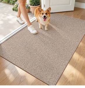 lot 19641 image: Ultra Thin Indoor Door Mat for Entrance 32x48, Non Slip Entryway Mat, Low Profile Doormat, Unique Herringbone Design Carpet for Inside, Patio, Porch, Dark Beige - Retail $49