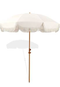 lot 19643 image: 6.5ft Patio Umbrella with Fringe, Beach Umbrella, Fringe Umbrella Outdoor Patio with Hanging Hook, Tilting Aluminum Pole, UV 50, Fiberglass Ribs, Elegant Cream - Retail $69