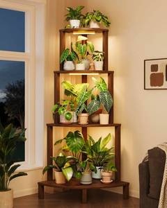 lot 19644 image: Corner Plant Stand with Grow Lights 4-Tier Plant Stand Indoor Wood Plant Stand with Grow Light Tall Shelves Garden Decor for Living Room Balcony - Retail $119