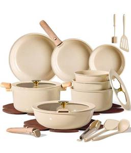 lot 19645 image: 25PCS Ceramic Cookware Set, Pots and Pans set Non Stick, RV Kitchen Cooking Set Removable Handles, Oven Safe, Induction Cookware, Non-toxic Kitchen Cooking Set, PFAS and PFOA Free - Retail $199