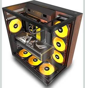 lot 19647 image: PC CASE ATX 6 PWM ARGB Fans Pre-Installed, Mid Tower Computer Case with Full-View Tempered Glass, Type-C,Printed Walnut Wood Panels,Support 360mm Radiator,Black Gaming Case (P7) - Retail $64