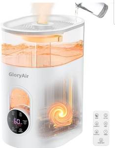 lot 19659 image: Humidifiers for Bedroom Large Room Home - GloryAir 6L Quiet Top Fill Cool & Warm Mist Humidifier with Smart Humidity Control, Remote Control, 7-Color Light, Humidistat, Oil Diffuser - Retail $49