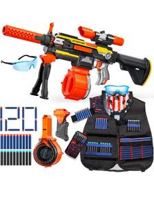 lot 19661 image: Toy Guns Automatic Machine Gun with Tactical Vest Kit -Toy Sniper Gun Rifle with Bipod - Drum Magazine Clips and 120 Darts -Toys Foam Guns for Boys 8-12 Kids Adults Gifts for Birthday - Retail $49