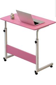 lot 19667 image: C Shaped End Table Adjustable Overbed Bedside Table with Wheels Rolling Laptop Tray Desk Cart Portable Mobile Sit Stand Desk Tilting Hospital Bed Table (Pink) - Retail $72