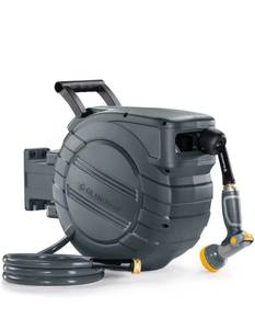 lot 19673 image: GLAHODEN Retractable Garden Hose Reel 12 in x 100 ft, 2025 Upgraded Dual Ratchet Lock UV & Freeze Protection Brass Seal Slow Retraction Anti-Tangle Hose 180°Swivel Reinforced Scaffold Wall Mount - Retail $119