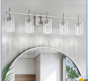 lot 19688 image: 5-Light Brushed Nickel Vanity Light with 3 Color Modes (3000K4000K6000K), Eye Protection LED Bathroom Light Fixture, Dimmable Modern Wall Light Over Mirror with Clear Glass Shade - Retail $130