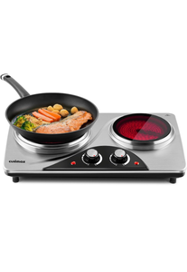 lot 19693 image: Hot Plate, CUSIMAX Electric Double Burner, Portable Ceramic Infrared Cooktop, Dual Control Cooking Stove, Heat-Up in Seconds, Compatible for All Cookwares, Silver - Retail $84