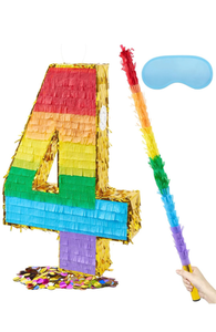 lot 19697 image: PCFING 20 Inch Number 4 Pi�ata Rainbow with 30 Inch Pi�ata Stick Blindfold Confetti for Boys Girls Adults Birthday Party Decorations, Anniversary Celebration, Fiesta - Retail $0