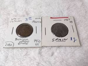 lot 106 image: Spanish Coins Set 1957 5 Pesetas and 1963 Aluminum Bronze 1 Peseta