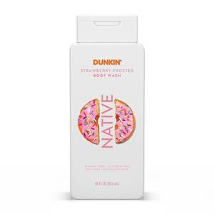 lot 3752 image: Native Body Wash, Dunkin Stawberry Frosted, Contains Naturally Derived Ingredients  For Women & Men, Sulfate, Paraben, & Dye Free Leaving Skin Soft and Hydrated  18 oz - Retail $11
