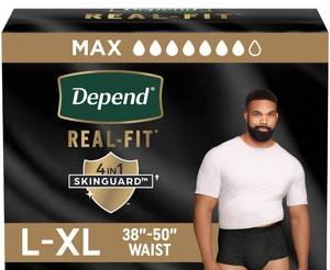 lot 3801 image: Depend Real Fit Adult Diapers, Incontinence Underwear for Men, Disposable, Maximum Absorbency, LargeExtra Large, Black, 26 Count - Retail $25
