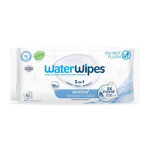 lot 3814 image: WaterWipes Sensitive Newborn &amp Baby Wipes, 3-In-1 Cleans, Cares, Protects, 99.9% Water, Unscented &amp Hypoallergenic, 60 Count
