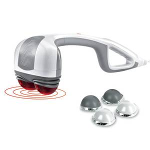lot 3871 image: Homedics Back Massager - Heated Automatic Percussion Back, Body and Neck Massager with Duel Pivoting Heads, Interchangeable Nodes, for Shoulders, Legs and Feet, White - Retail $80