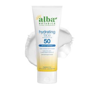 lot 3879 image: Alba Botanica Hydrating Face Sunscreen Lotion, SPF 50 Broad Spectrum Protection, 24 Hour Hydration, Water Resistant (40 minutes), Fragrance Free, Oxybenzone-Free, 3 Fl. Oz - Retail $11
