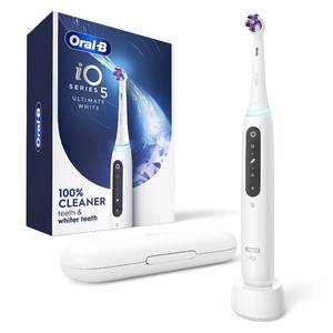 lot 3897 image: Oral-B iO Series 5 Ultimate White Rechargeable Electric Toothbrush with Visible Pressure Sensor, 2 Minute Timer, 5 Cleaning Settings, 1 Replacement Toothbrush Heads, and Travel Case, White - Retail $100