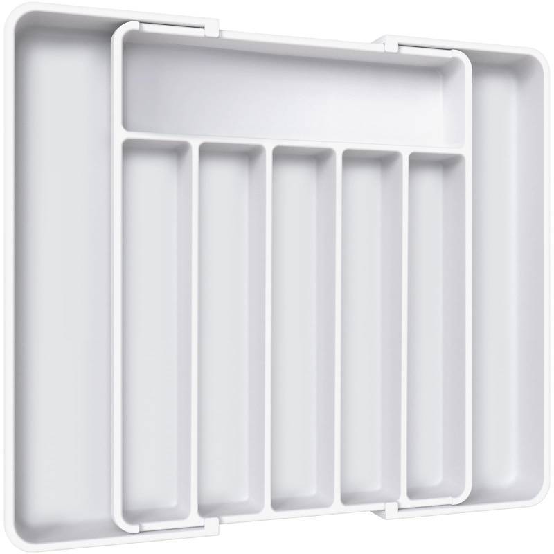 lot 16182 image: Silverware Organizer - Expandable Kitchen Drawer Organizer, Adjustable Utensil Organizer, Cutlery Tray for Forks, Knives, Multipurpose Kitchen Organizers and Storage Solution, White, Large - Retail $19
