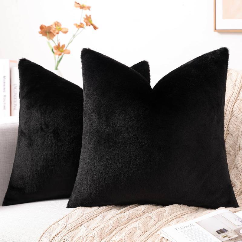 lot 62330 image: Faux Fur Plush Throw Pillow Covers 18x18 Set of 2, Luxury Soft Fluffy Cozy Decorative Pillow Covers for Sofa, Couch, Living Room, Black - Retail $12
