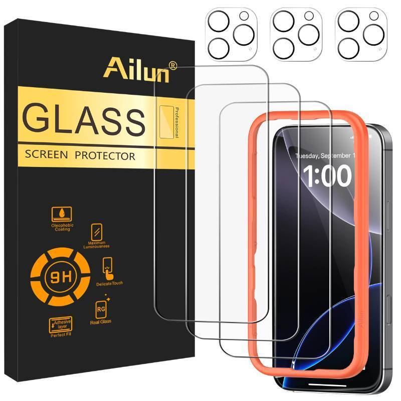 lot 56371 image: 3 Pack Screen Protector for iPhone 16 Pro Max 6.9 inch  3 Pack Camera Lens Protector with Installation Frame, Case Friendly Tempered Glass Film9H HardnessNot for iPhone 16e1616 ProPlus - Retail $8