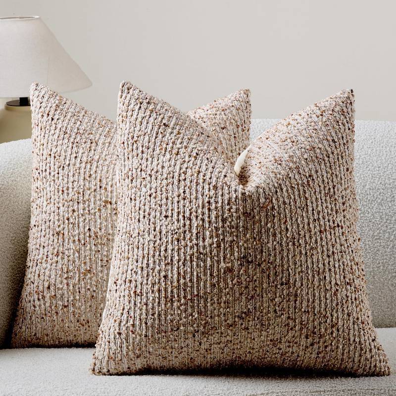lot 44426 image: Striped Throw Pillow Covers 16x16 Set of 2 Beige Textured Boucle Chic Modern Boho Accent Farmhouse Square Decorative Couch Pillow Covers for Home Decor Bed Sofa Living Room - Retail $25