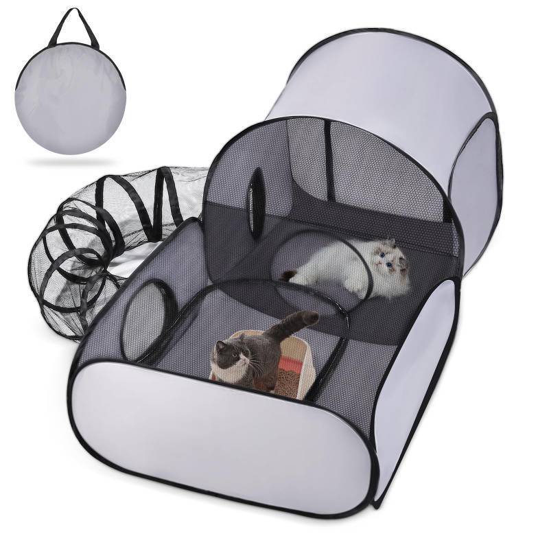 lot 56625 image: Pet Playpen with Surround Tunnel, OutdoorIndoor Cat Playpen with Breathable Soft Sides Tailtastic Cat Enclosure Tent for Small Animals, Portable Tent with Carry Bag (Medium) - Retail $24