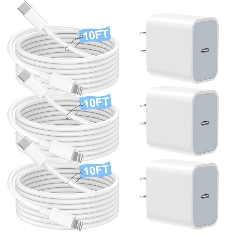 lot 62517 image: iPhone Charger Fast ChargingApple MFi Certified3Pack Apple Charger USB C Wall Charging Block 10FT Long USB C to Lightning Cable Cord for iPhone14 Pro Max1312 Mini11XRXSXSE - Retail $25