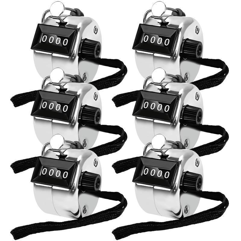 lot 62631 image: 6 Pack Clicker Counter,Metal Hand Tally Counters Clicker with Black Nylon Lanyard,4 Digit Display Pitch Counter for Knitting,Coaching,Golf,Lap,Fishing,Umpire,Baseball,Row Sport (Silver Color) - Retail $10