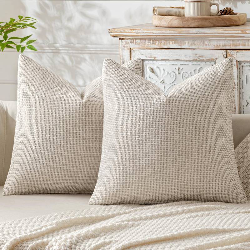 lot 45236 image: Pack of 2 Couch Throw Pillow Covers 18x18 Inch Neutral Beige Modern Boho Accent Decorative Pillow Covers Soft Chenille Farmhouse Cushion Covers for Home Decor Bed Sofa Living Room - Retail $10