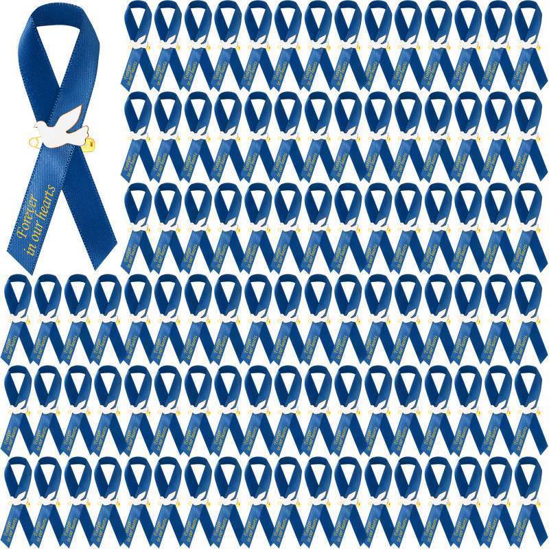 lot 56293 image: 100 Pcs Dove Funeral Memorial Ribbons Pins Memorial Service Respect Funeral Personalized Ribbon Bow with Safety Pins and White Dove for Mourning Remembrance Day Event(Blue) - Retail $18