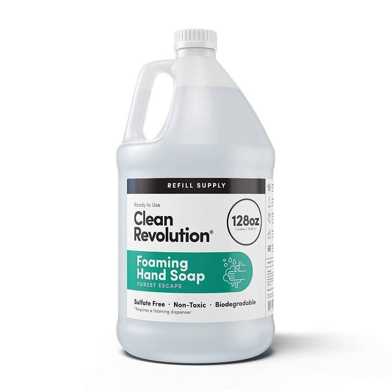 lot 36722 image: Clean Revolution Foaming Hand Soap Refill Supply Container, Ready to Use Formula, Forest Escape Fragrance, Gluten Free, 128 Fl. Oz. PARTIALLY USED. - Retail $20