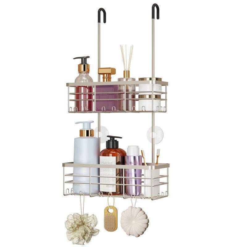 lot 15322 image: Hanging Shower Caddy Organizer - No Drilling Shower Organizer with Hooks, Rustproof & Waterproof 304 Stainless Steel Bathroom Shelves - Brushed Nickel - Retail $28