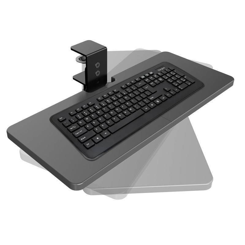 lot 26591 image: Large Under Desk Rotatable Computer Keyboard and Mouse Tray, 23 x 10 inch Extra Sturdy Desk Swivel Clamp, Ergonomic Keyboard & Mouse Tray for Typing in Home, Office Work, Black - Retail $50