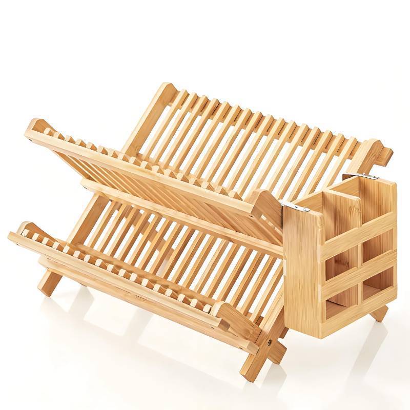 lot 26599 image: Dish Drying Rack Collapsible 2-Tier Bamboo Dish Rack for Kitchen Counter Wooden Dish Drainer with Foldable Space-Saving Design for Dishes, Plates, and Cups