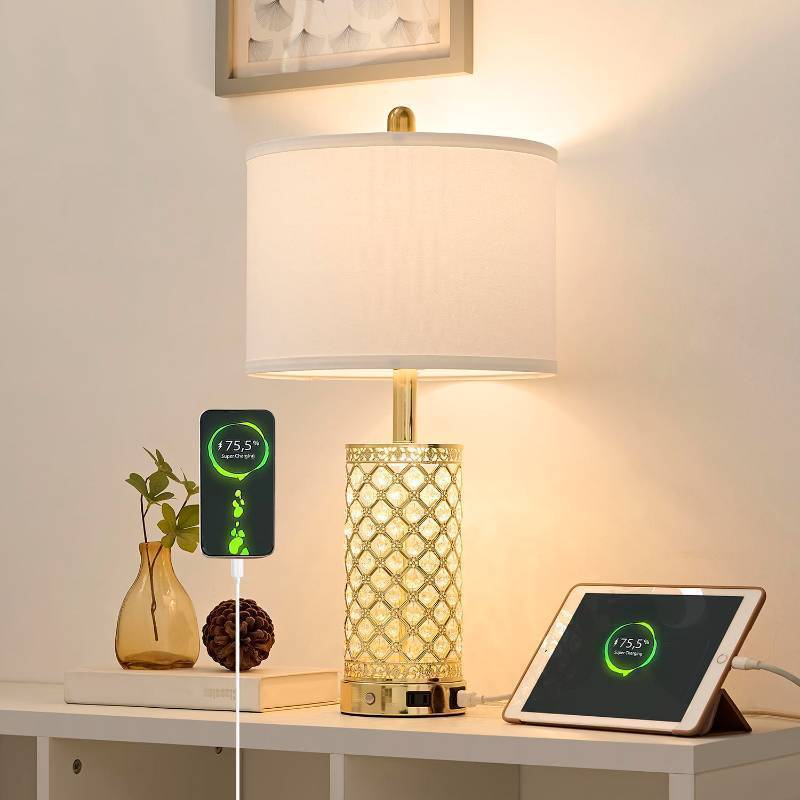 lot 26600 image: Crystal Table Lamps Modern 3-Way Dimmable Bedside Lamp with 2 USB Ports & AC Outlets for Living Room Bedroom Nightstand Lamp Night Light (Gold- 1 Pack 24In) - Retail $60
