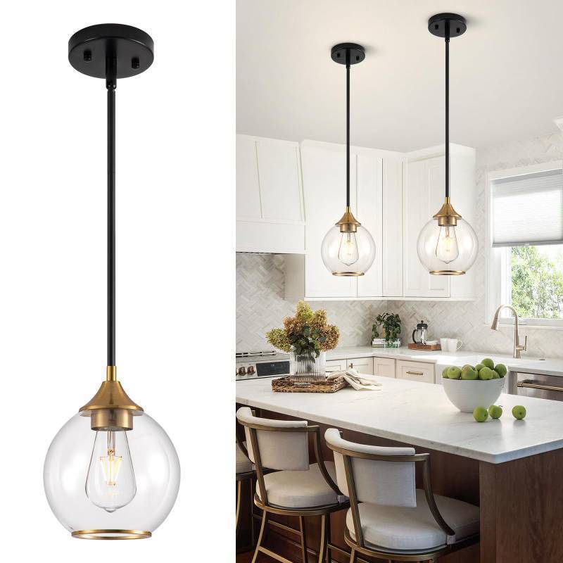 lot 26605 image: Pendant Lights Kitchen Island, Farmhouse Black and Gold Pendant Light with Clear Glass Globe Shade,6.29 Glass Pendant Light for Finish Farmhouse Entryway Dining Room Kitchen Island 1 Light - Retail $38