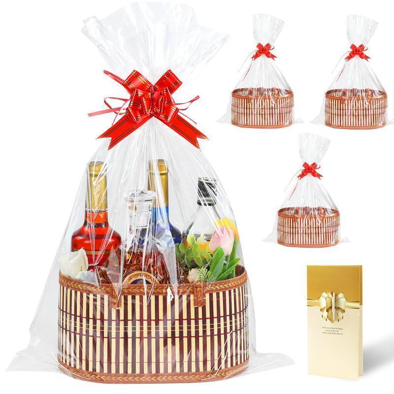 lot 36201 image: 3 Set Baskets for Gifts Empty, Large Woven Bamboo Gift Basket Kit with Handles, Sturdy Empty Gift Baskets to Fill for Easter, Birthday Party Wrapping Gift -3 Cellophane Wrap Bags,3 Gift Cards - Retail $27