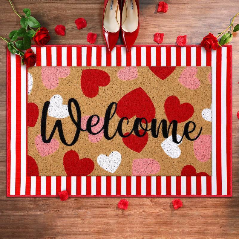 lot 36251 image: 2 Pcs Valentine Door Mat Heart Welcome Outdoor Non Slip Coir Mats Red and White Stripe Floor Layering Doormats Seasonal for Front Porch Entryway Decor(Valentine Heart) - Retail $38