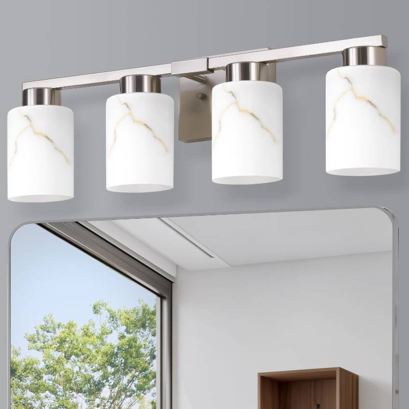 lot 36272 image: 4-Light Bathroom Light Fixtures, Modern Vanity Lights, Brushed Nickel Metal Wall Lamp with White Marble Glass for Bathroom, Mirror, Living Room, Bedroom, Cabinet, Porch, Hallway, E26 Base - Retail $80