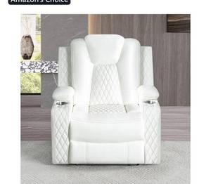 lot 5565 image: Naomi Home Chicago Power Recliner Chair with LED Lights, USB Charging Port, Adjustable Headrest, Cup Holders & Detachable Tray Tables, Faux Leather Home Theater Seating Recliner - White