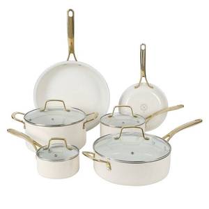 lot 5595 image: MARTHA STEWART Lockton Premium 10-Piece Enameled Heavy Gauge Aluminum Ceramic Nonstick Cookware Set in Linen