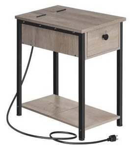 lot 5596 image: HOOBRO End Table with Charging Station, Narrow Side Table, Small Nightstand, Bedside Tables with Drawer and Storage Shelves, for Small Spaces, Living Room, Bedroom, Greige and Black