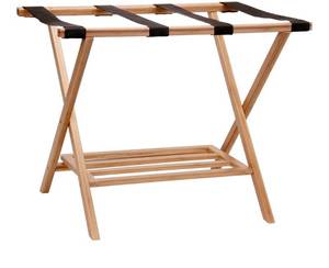 lot 5608 image: Household Essentials Fully Assembled Folding Luggage Rack with Lower Storage Shelf  Bamboo Frame with Black Straps