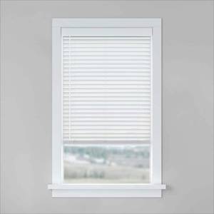 lot 5787 image: BASICS White Cordless Room Darkening Faux Wood Blinds with 2 in. Slats-27 in. W x 64 in. L