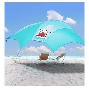 lot 5798 image: Beach Wind-Powered Shade Canopy, Portable Sun Shelter Tent, UPF 50 UV Protection, Lightweight, Easy Set Up, 150 Sq. Ft. of Shade for up to 6 People, Blue Tint Shark