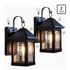 lot 5842 image: 2 Pack Solar Outdoor Wall Lights for Fence Front Door Waterproof Dusk to Dawn Motion Sensor LED Sconce with 3 Modes,3000K E26 Bulb Included,Exterior Porch Lamps Wall Mount Patio Decorative
