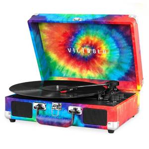 lot 5847 image: Victrola Journey Bluetooth Portable Suitcase Record Player with Built-in Speakers, 3 Speed Vinyl Record Player, RCA Out, Headphone Jack (Tie Dye)