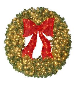 lot 5863 image: Best Choice Products 30in Large Artificial Pre-Lit Fir Christmas Wreath Holiday Accent Decoration for Door, Mantel wRed Lighted Bow, 130 LED Lights, 220 PVC Tips, Power Plug-in